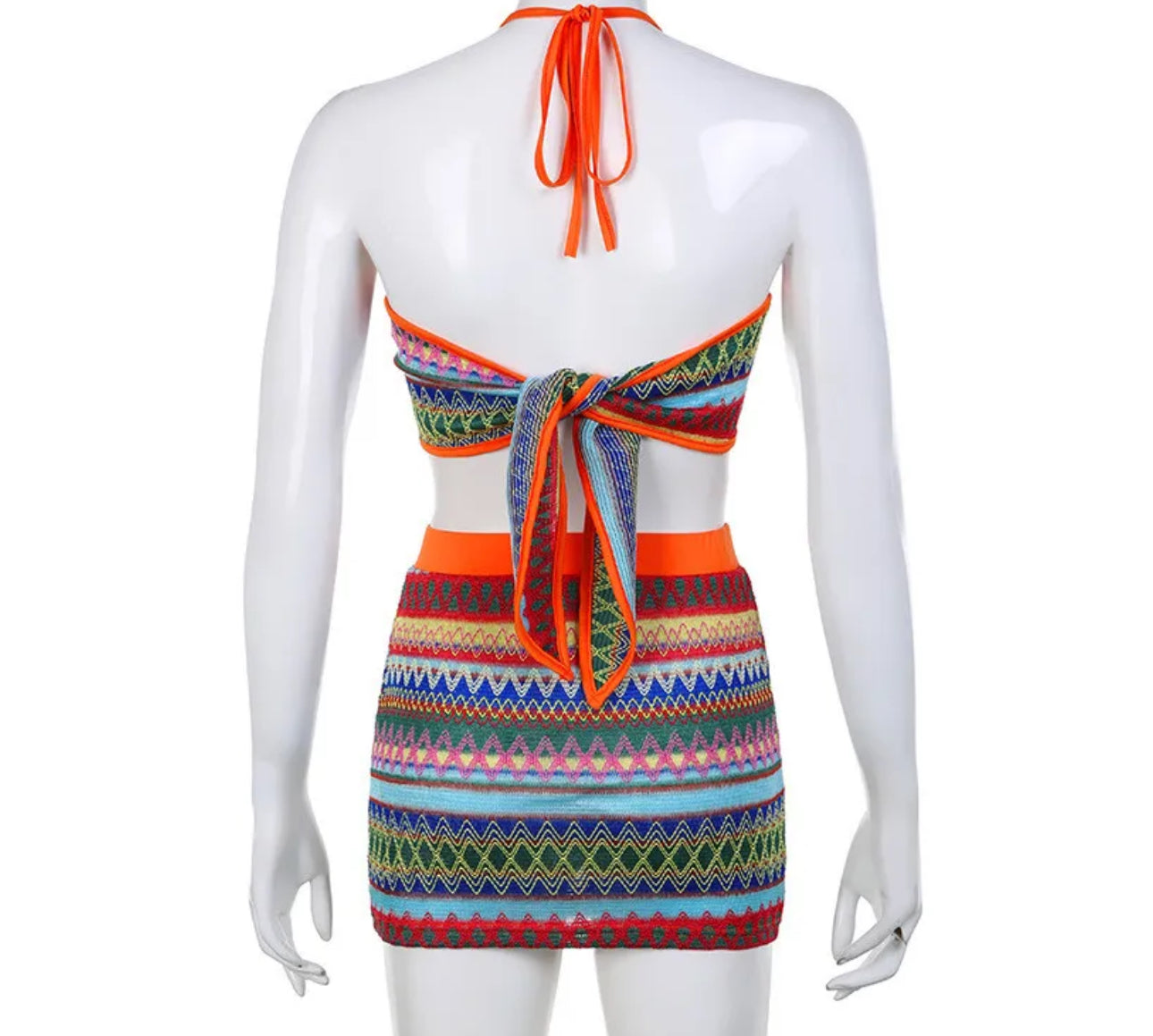 Womens Multicolor Strip Halter Top High Waist Skirt Set